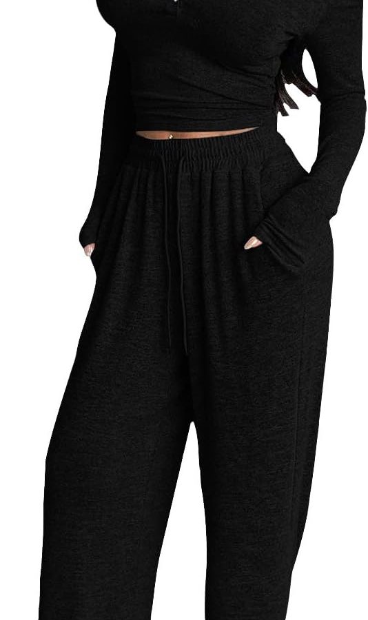 Lounge Sets for Ladies 2 Piece Outfit Ruched Long-Sleeve Crop Top and Wide Leg Pants Matching Set