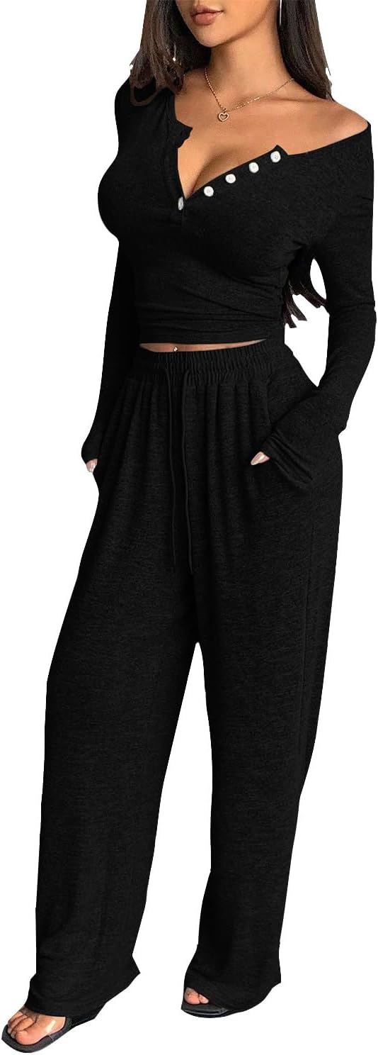 Lounge Sets for Ladies 2 Piece Outfit Ruched Long-Sleeve Crop Top and Wide Leg Pants Matching Set