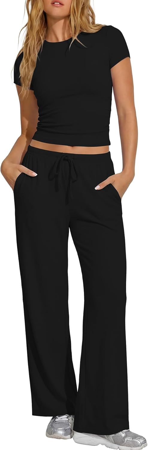 Ladies' 2 Piece Matching Lounge Set Short-Sleeve Side Ruching Top Wide Leg Drawstring Pants Set featuring Pockets - Image 4