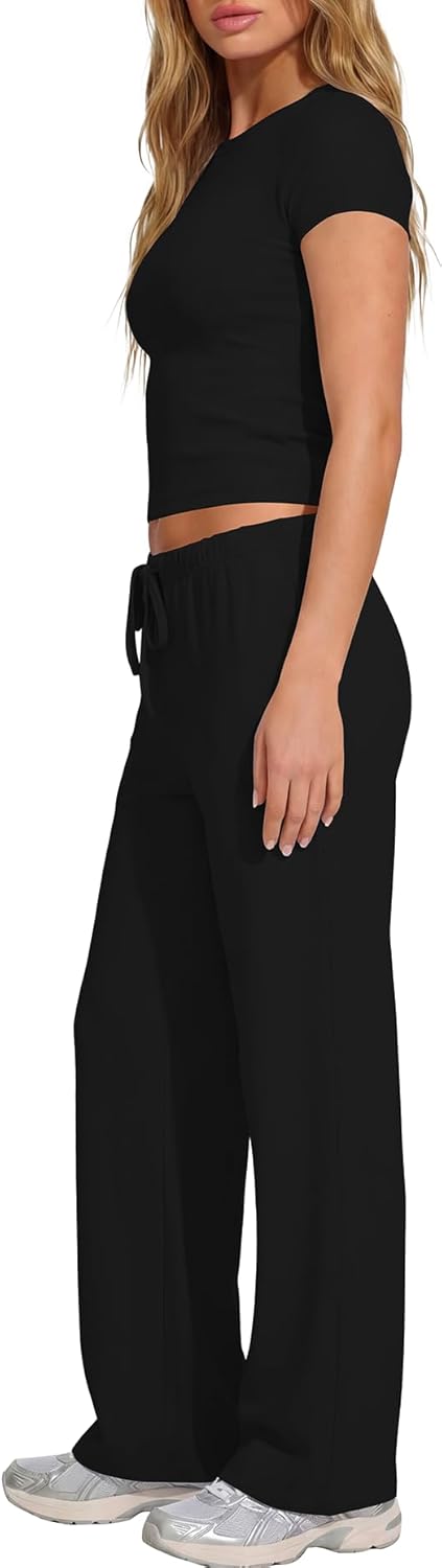 Ladies' 2 Piece Matching Lounge Set Short-Sleeve Side Ruching Top Wide Leg Drawstring Pants Set featuring Pockets - Image 3