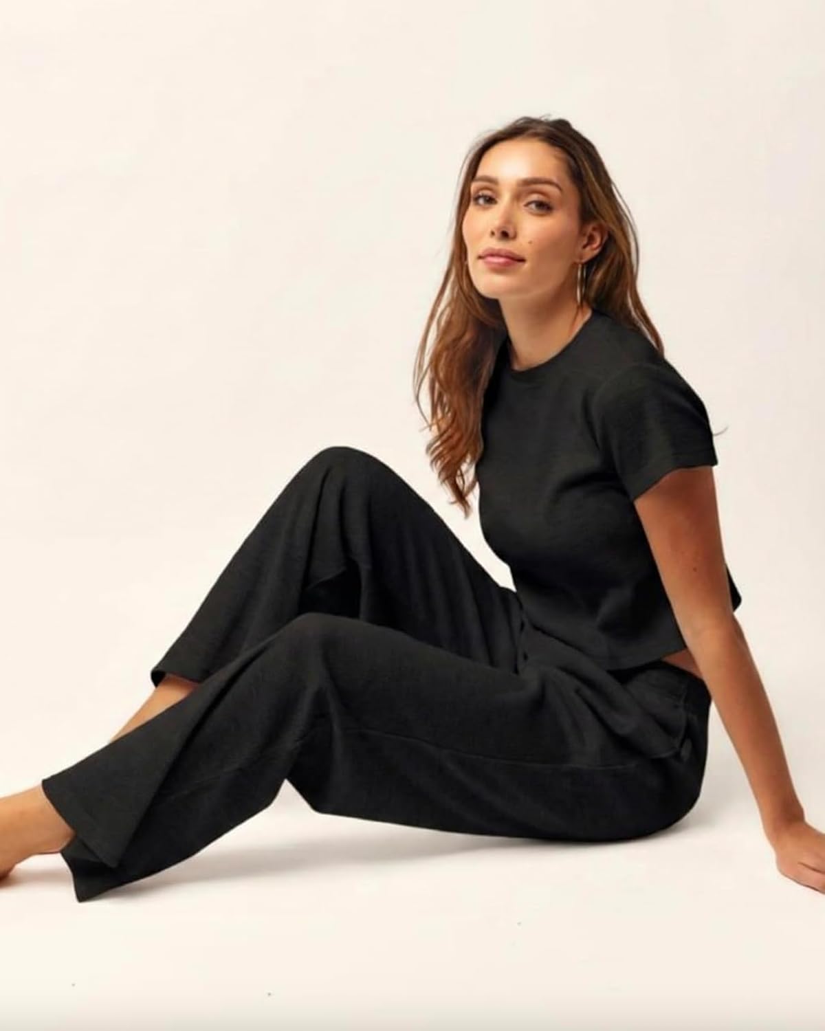 Waffle Soft-Knit Lounge Set for Ladies Baby Tee and Sweatpants - Image 2