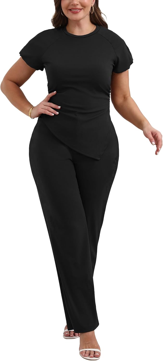 Ladies' Two-Piece Looks Short-Sleeve Ruched Irregular Hem Top Pants Set Dressy Pant Suits Black XL - Image 2
