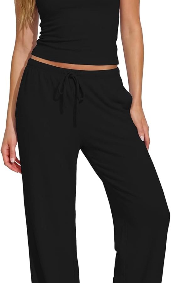 Ladies' 2 Piece Matching Lounge Set Short-Sleeve Side Ruching Top Wide Leg Drawstring Pants Set featuring Pockets