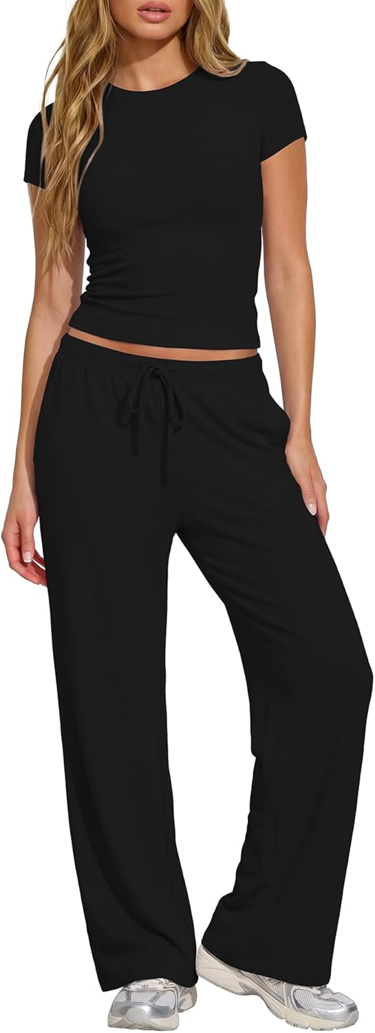 Ladies' 2 Piece Matching Lounge Set Short-Sleeve Side Ruching Top Wide Leg Drawstring Pants Set featuring Pockets