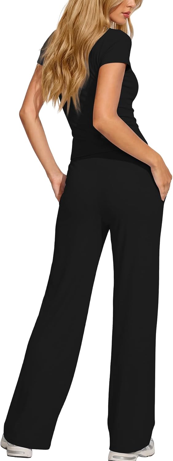 Ladies' 2 Piece Matching Lounge Set Short-Sleeve Side Ruching Top Wide Leg Drawstring Pants Set featuring Pockets - Image 2