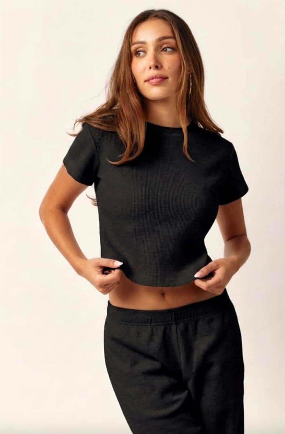 Waffle Soft-Knit Lounge Set for Ladies Baby Tee and Sweatpants