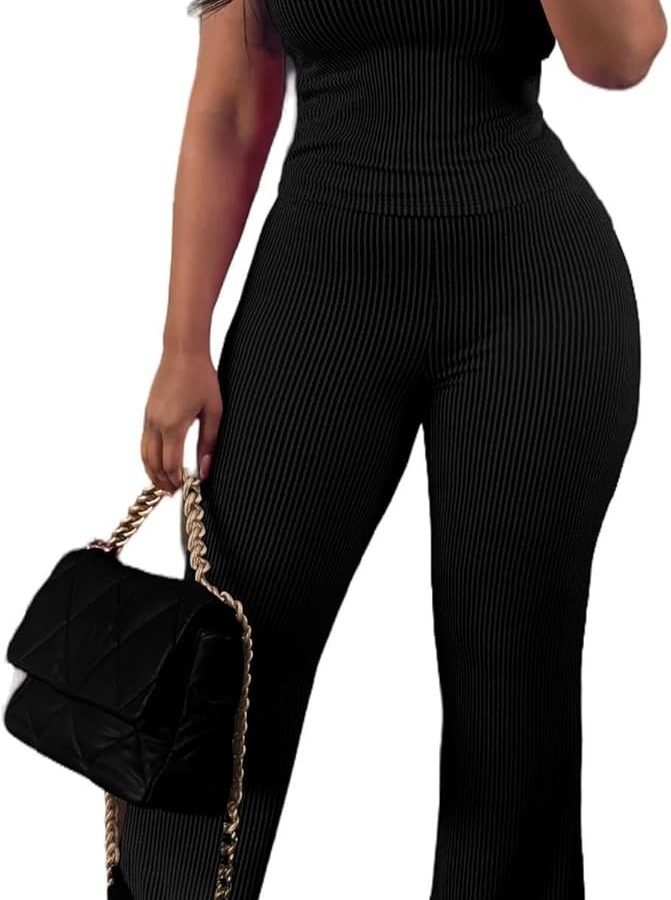 Ladies Two Piece Look Ribbed Short-Sleeve V-Neck Polo Top and Flared Trousers Everyday Lounge Sets Tracksuit