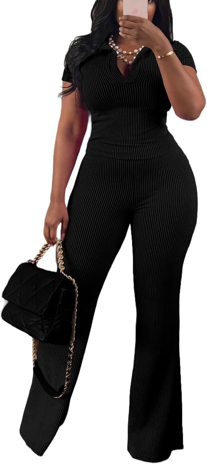 Ladies Two Piece Look Ribbed Short-Sleeve V-Neck Polo Top and Flared Trousers Everyday Lounge Sets Tracksuit