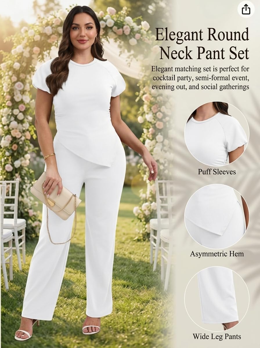 Ladies' Two-Piece Looks Short-Sleeve Ruched Irregular Hem Top Pants Set Dressy Pant Suits Black XL - Image 6