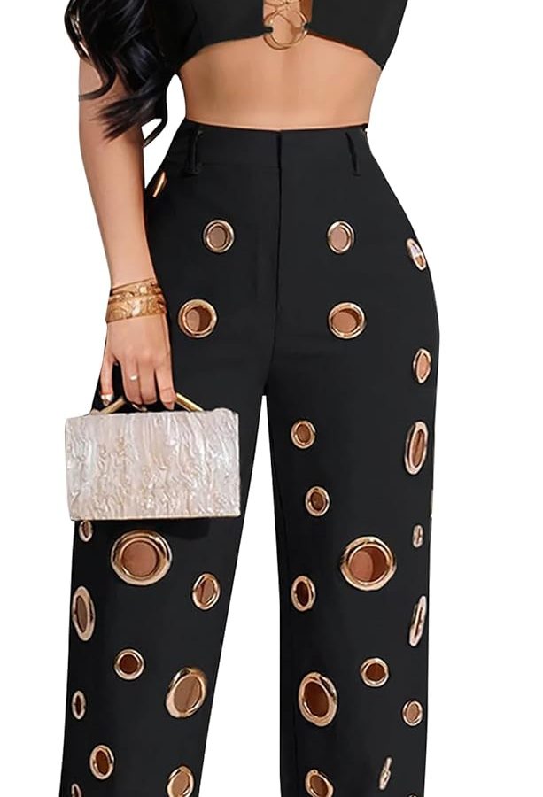 Two-Piece Sets for Ladies Everyday Travel-Ready Vacation Matching Looks Flared Trousers Backless Halter V-Neck Crop Top Sets