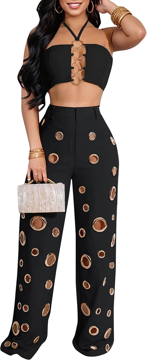 Two-Piece Sets for Ladies Everyday Travel-Ready Vacation Matching Looks Flared Trousers Backless Halter V-Neck Crop Top Sets
