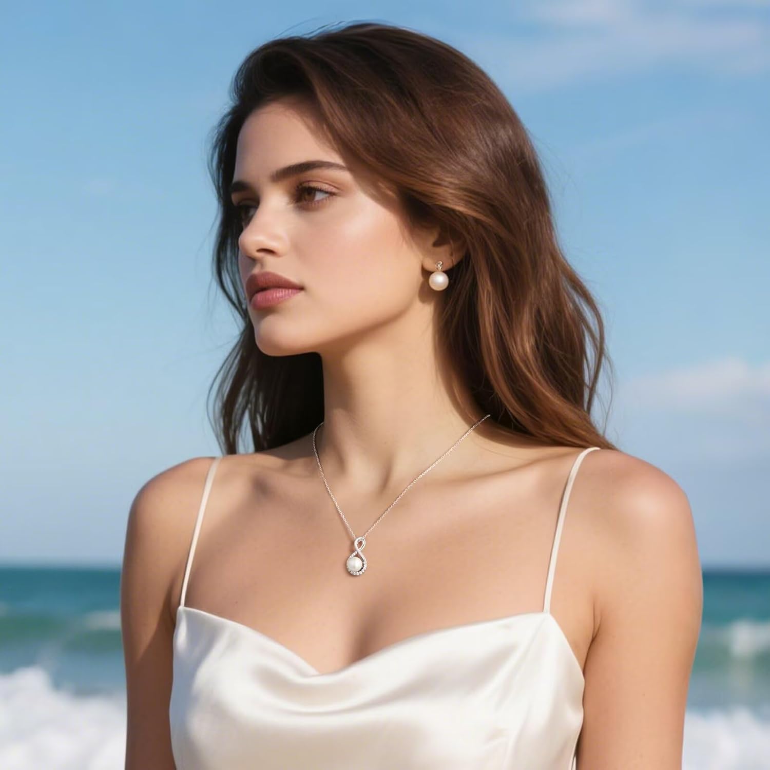 Mothers Day Gifts for Wife Ladies - 10-11mm Cultured Freshwater Pearl Necklace, Infinity Pearl Necklace, Anniversary Birthday Gifts for Wife Mom Girlfriend, 925 Sterling Silver - Image 2