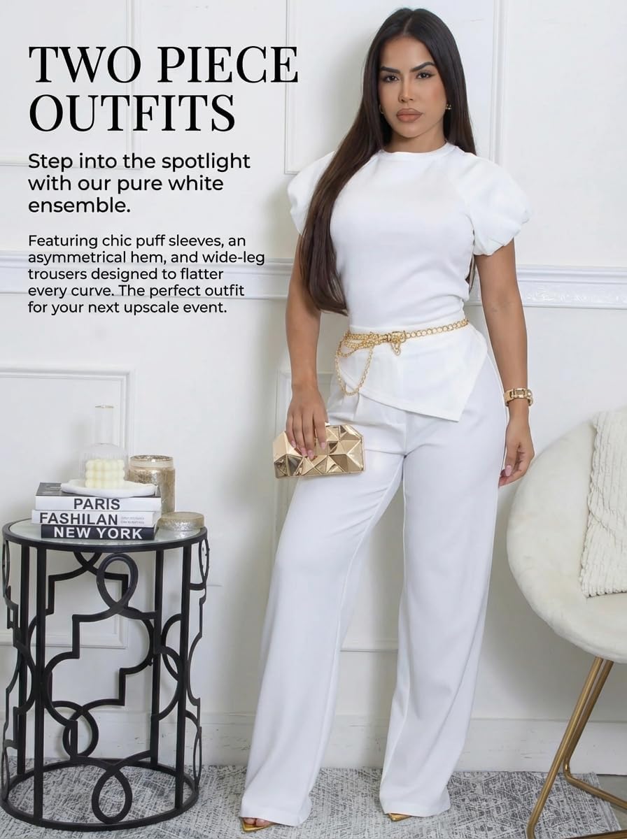 Ladies' Two-Piece Looks Short-Sleeve Ruched Irregular Hem Top Pants Set Dressy Pant Suits Black XL - Image 5
