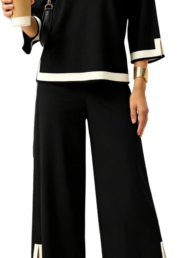 Ladies' Two-Piece Looks 3/4 Sleeve Knit Sweater Top Wide Leg Pants Travel-Ready Set Tracksuits