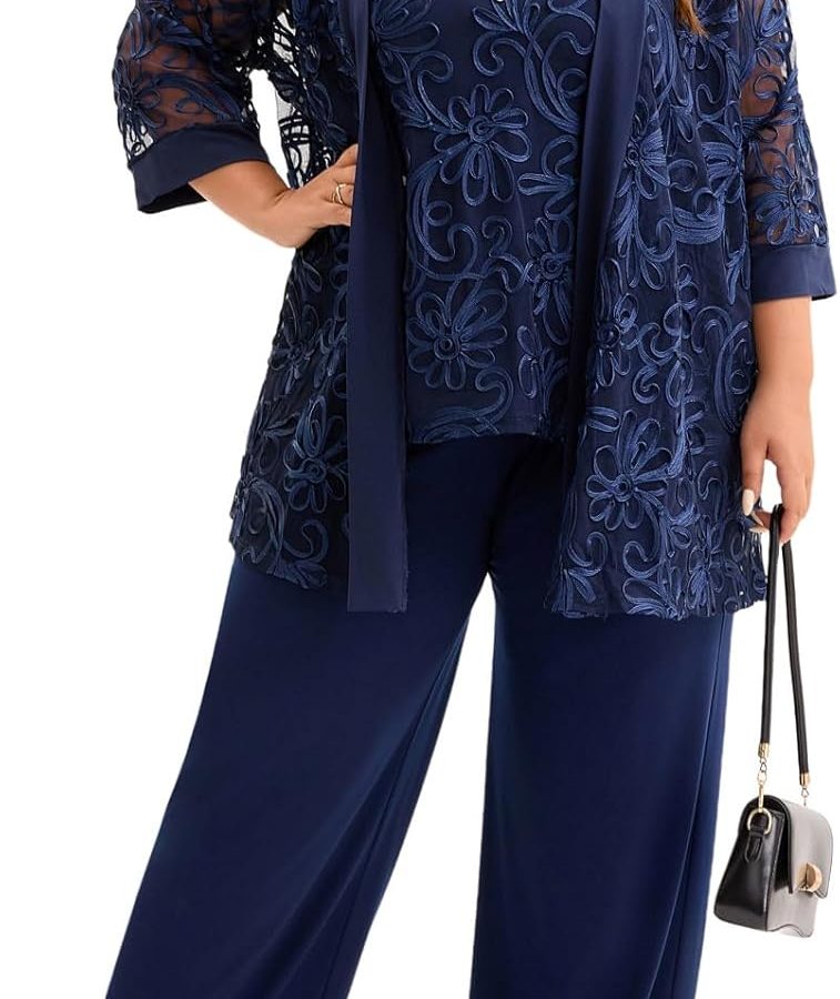 Curve-Size 3 Piece Floral Embroidered Pantsuit Set Ladies Mother of Bride Wedding Guest Occasion-Ready Evening Cocktail Party Attire