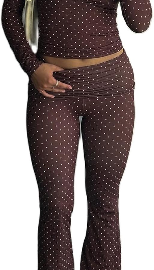 Ladies' Polka Dots Two-Piece Looks Long-Sleeve Crewneck Top High Waist Fold Over Flared Leggings Pants Streetwear