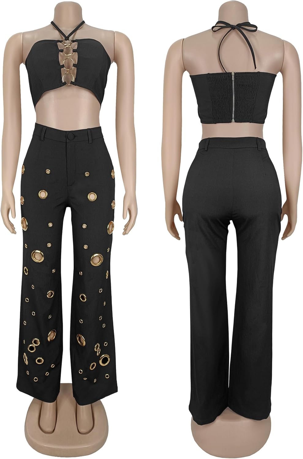 Two-Piece Sets for Ladies Everyday Travel-Ready Vacation Matching Looks Flared Trousers Backless Halter V-Neck Crop Top Sets - Image 7