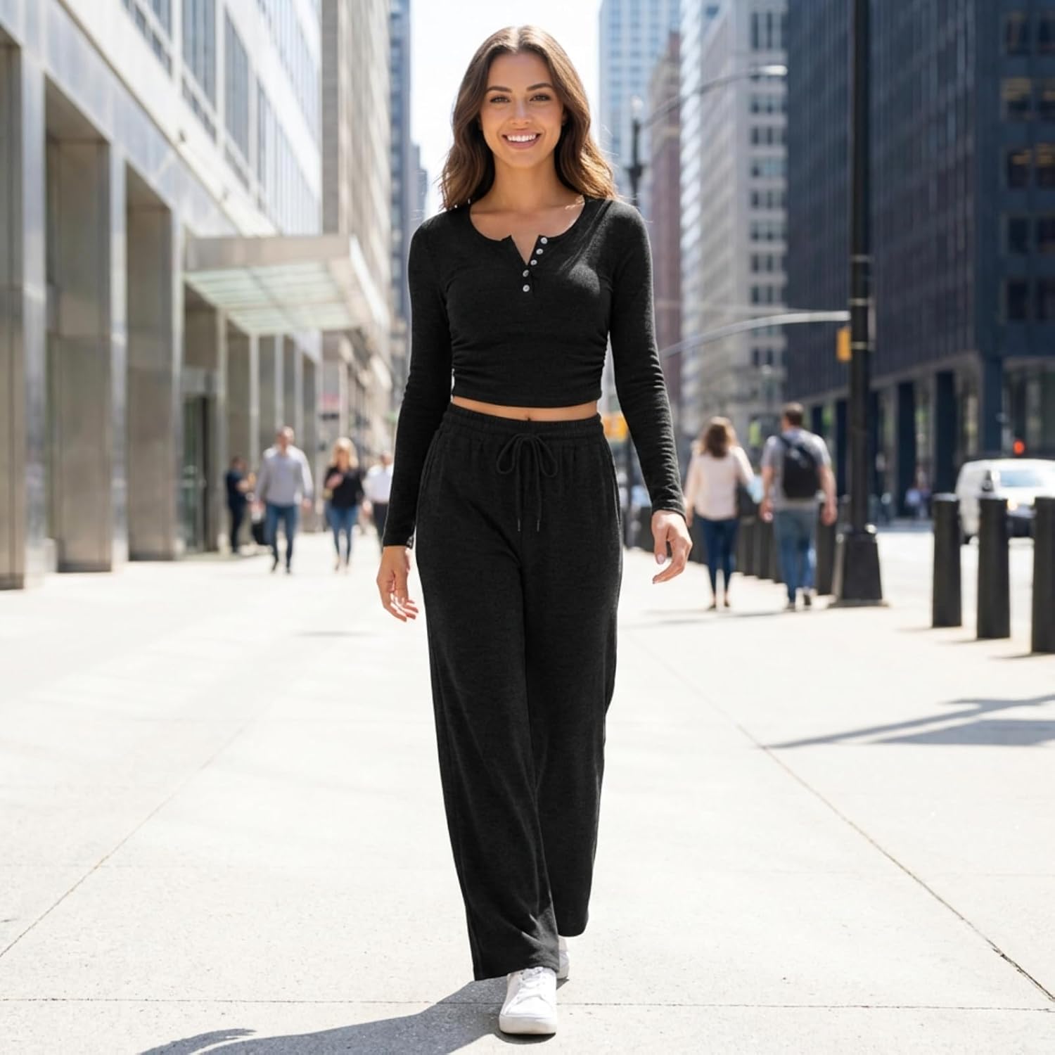 Lounge Sets for Ladies 2 Piece Outfit Ruched Long-Sleeve Crop Top and Wide Leg Pants Matching Set - Image 2
