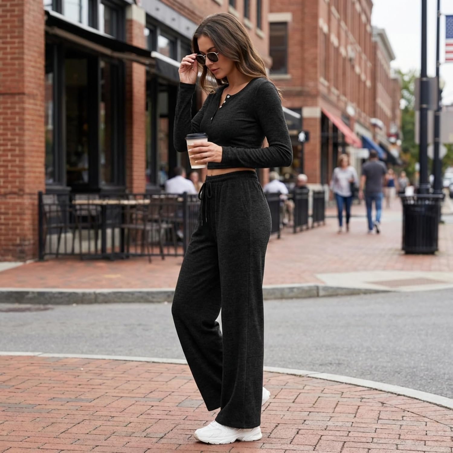 Lounge Sets for Ladies 2 Piece Outfit Ruched Long-Sleeve Crop Top and Wide Leg Pants Matching Set - Image 3