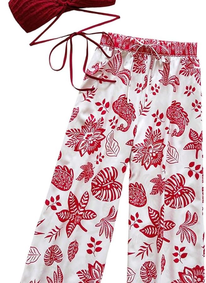 Ladies' Two-Piece Set Textured Ring Linked Halter Crop Top and Tropical Pants Set Beach Vacation Looks
