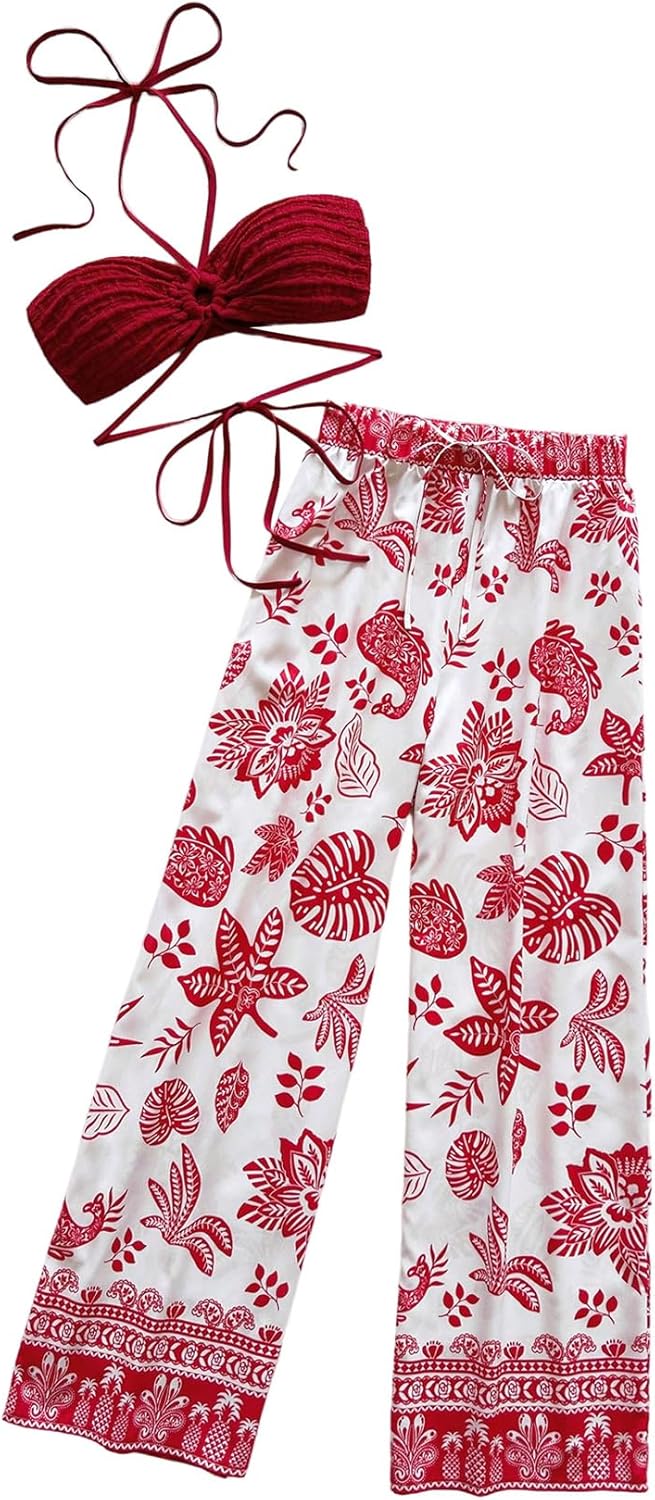 Ladies' Two-Piece Set Textured Ring Linked Halter Crop Top and Tropical Pants Set Beach Vacation Looks