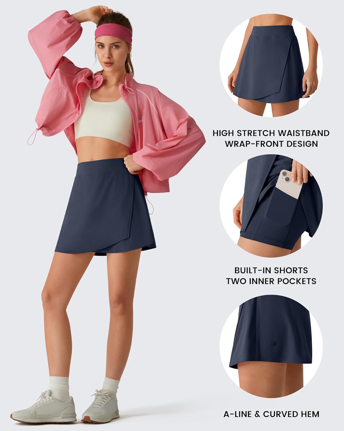 BareFeel Wrap Court Skirts for Ladies u2013 15" High Stretch A Line Golfing Skort Everyday Summer Built-in Shorts featuring Pockets - Image 5