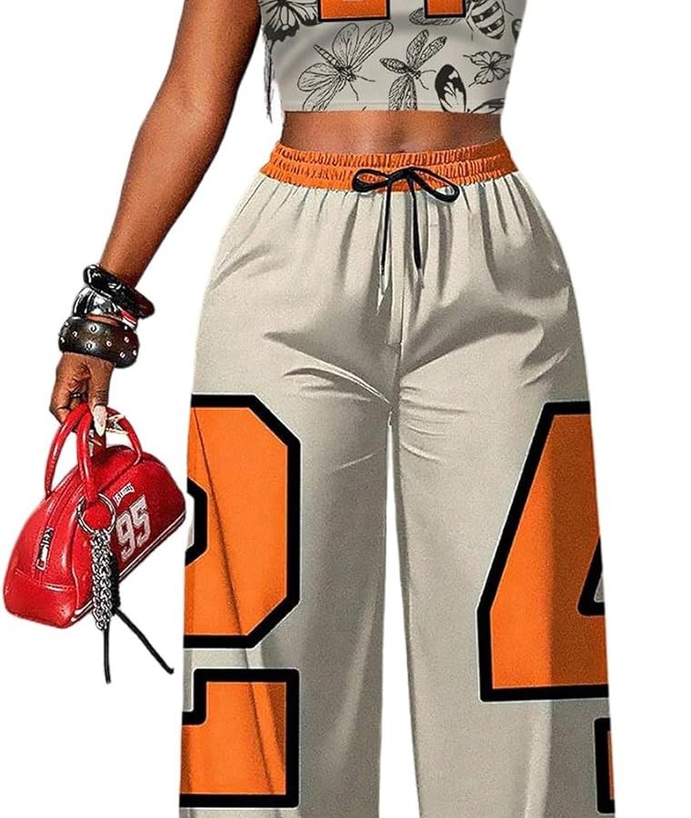 Ladies' Two-Piece Night-Out Looks Y2k Number Printed Graphic Jersey Crop No-Sleeve Tops and Wide Leg Pants Set Streetwear