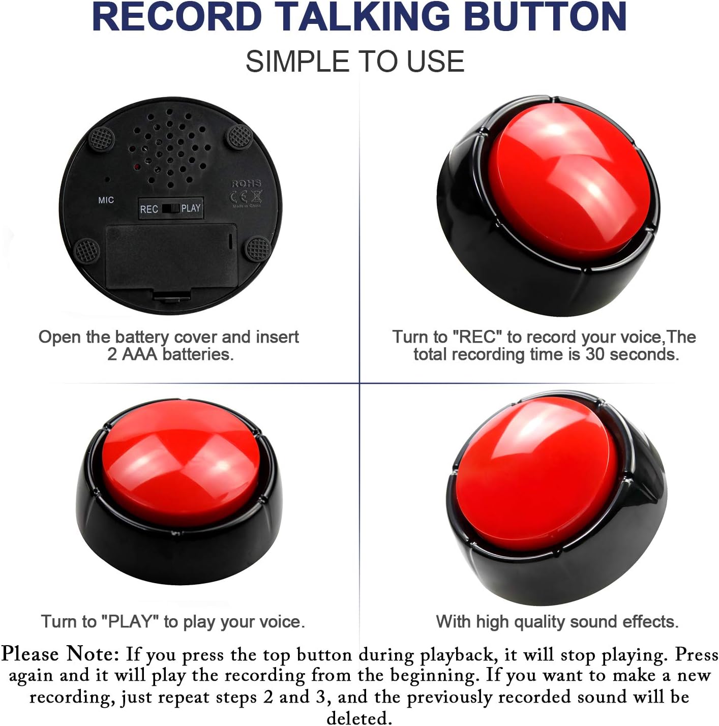 Recordable Talking Button 30 Seconds Record Button Easy Button Answer Buzzers Custom Sound Button for Communication Study Office Home Game Gift(Batteries Included) - Image 2