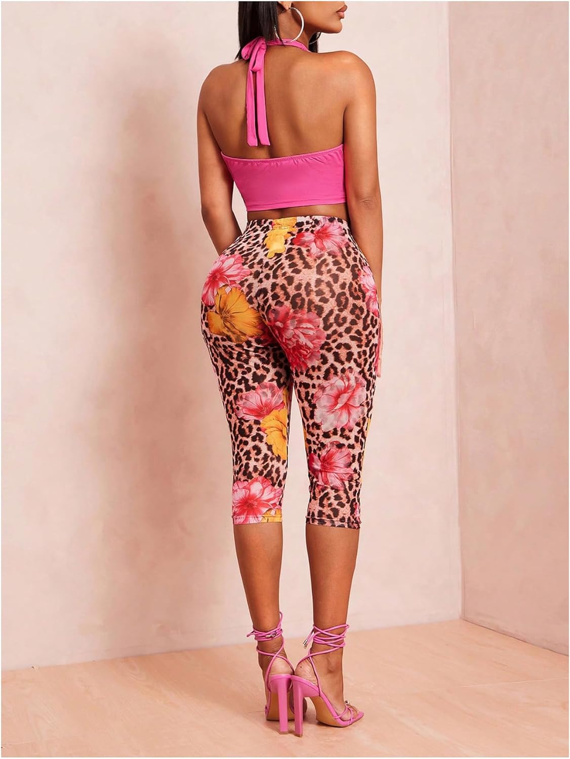 Ladies' Two-Piece Looks Draped Crop Halter Top and Cheetah Floral Print Capri Pants Summer Sets - Image 3