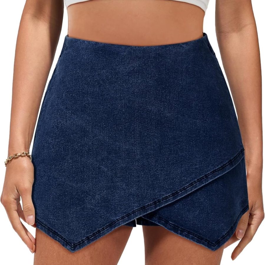 Jean Skorts for Woman High Waisted Pull On Stretchy Denim Wrap Skirt with Shorts Modern Asymmetrical Skort