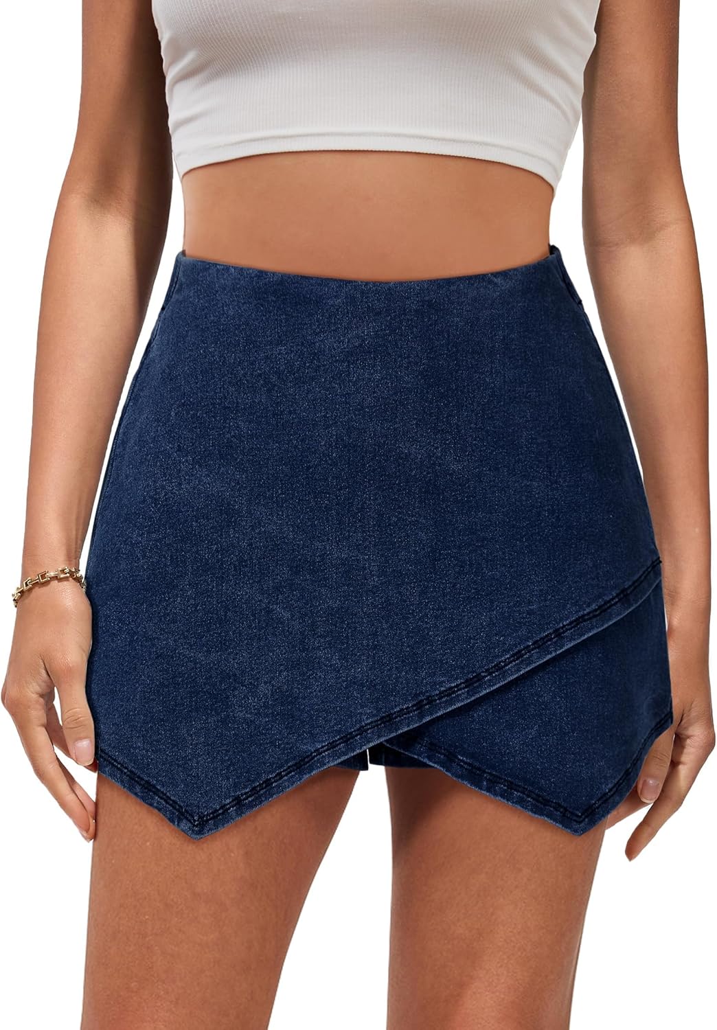 Jean Skorts for Woman High Waisted Pull On Stretchy Denim Wrap Skirt with Shorts Modern Asymmetrical Skort