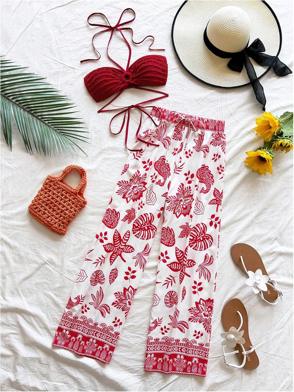 Ladies' Two-Piece Set Textured Ring Linked Halter Crop Top and Tropical Pants Set Beach Vacation Looks - Image 3