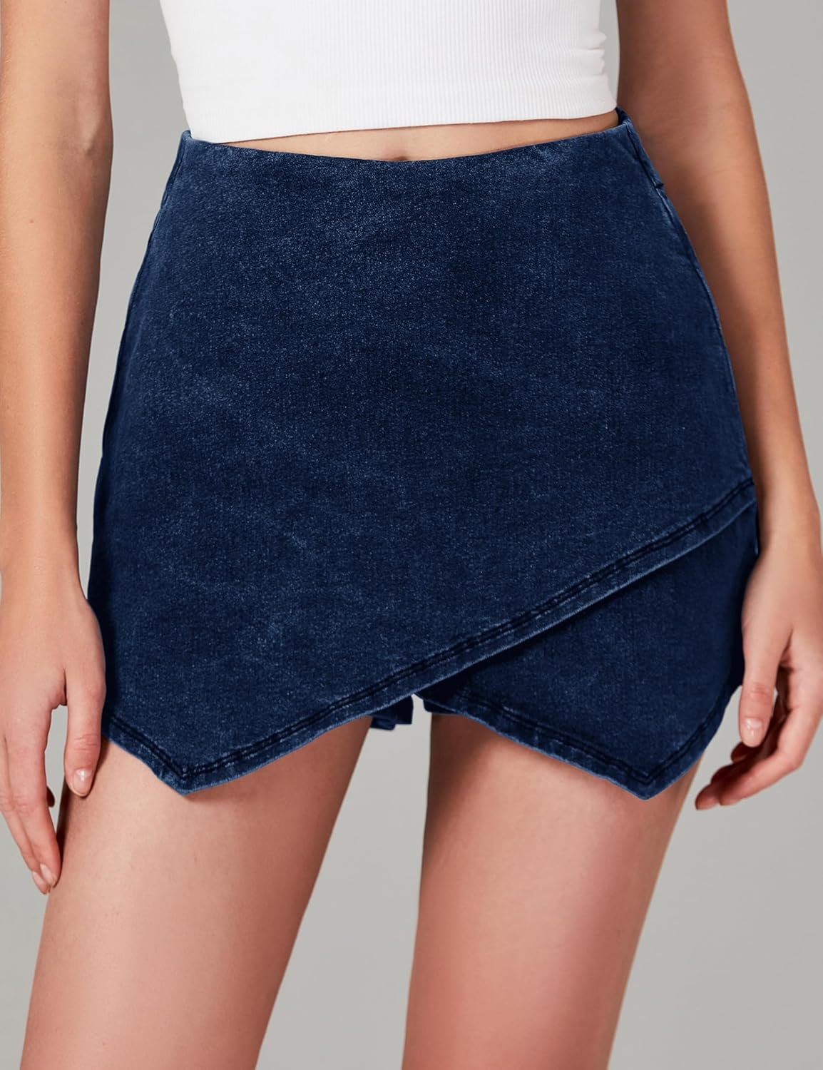 Jean Skorts for Woman High Waisted Pull On Stretchy Denim Wrap Skirt with Shorts Modern Asymmetrical Skort - Image 4