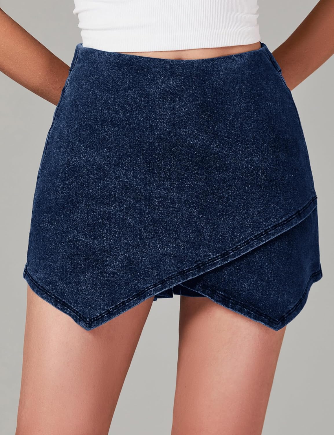 Jean Skorts for Woman High Waisted Pull On Stretchy Denim Wrap Skirt with Shorts Modern Asymmetrical Skort - Image 3